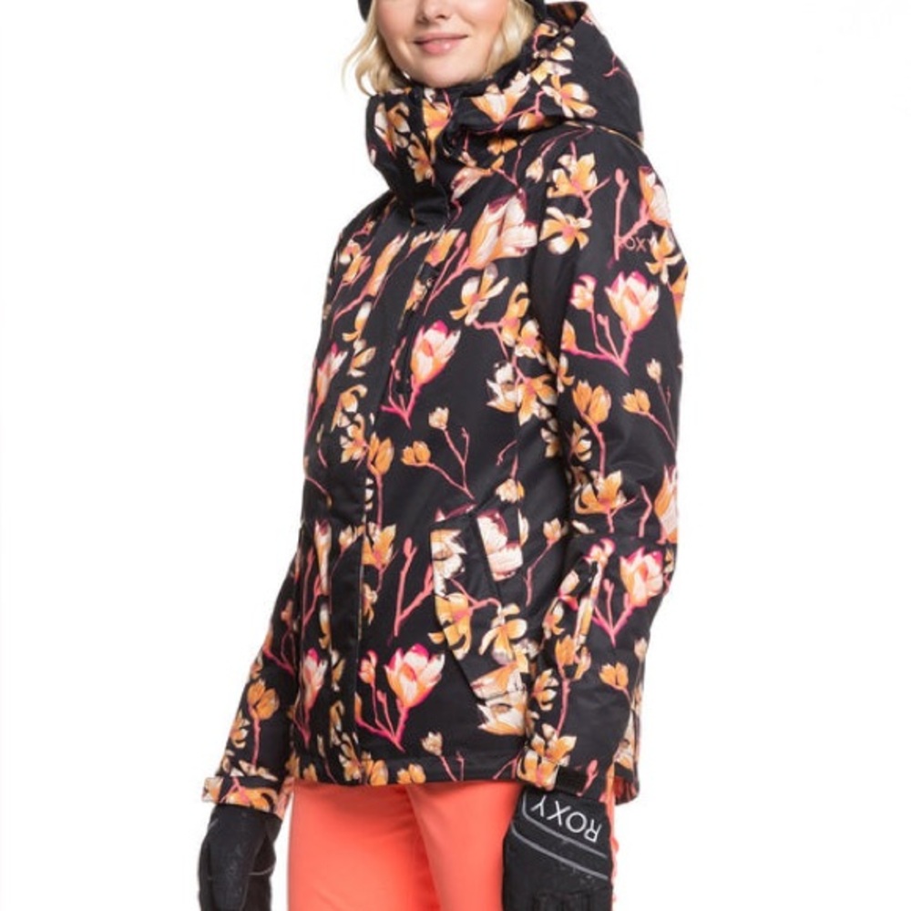 Roxy Black Floral Ski Jacket with Pink & Orange Accents